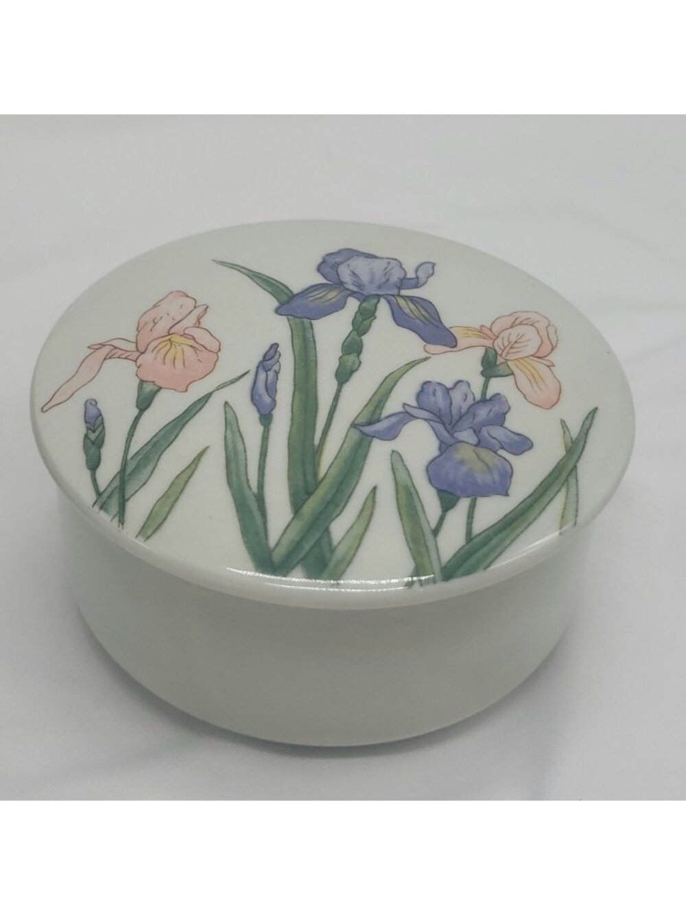 Vtg Otagiri Handcrafted Japan Bearded Iris Floral Ceramic Lidded Trinket Box 4"